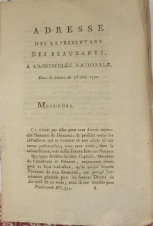 p Adresse des Representans des Beaux Arts a l Assemblee nationale dans la seance du 18 juin 1790 p p David i et i i alii i p