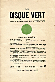 Le Disque Vert revue mensuelle de litterature Juin 1922 1ere annee n 2 Franz Hellens R M Hermant Gabriel Audisio 
